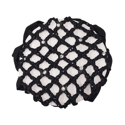 A black crochet hair scrunchie with net   and  rhinestone embellishments, shown on a plain white background.