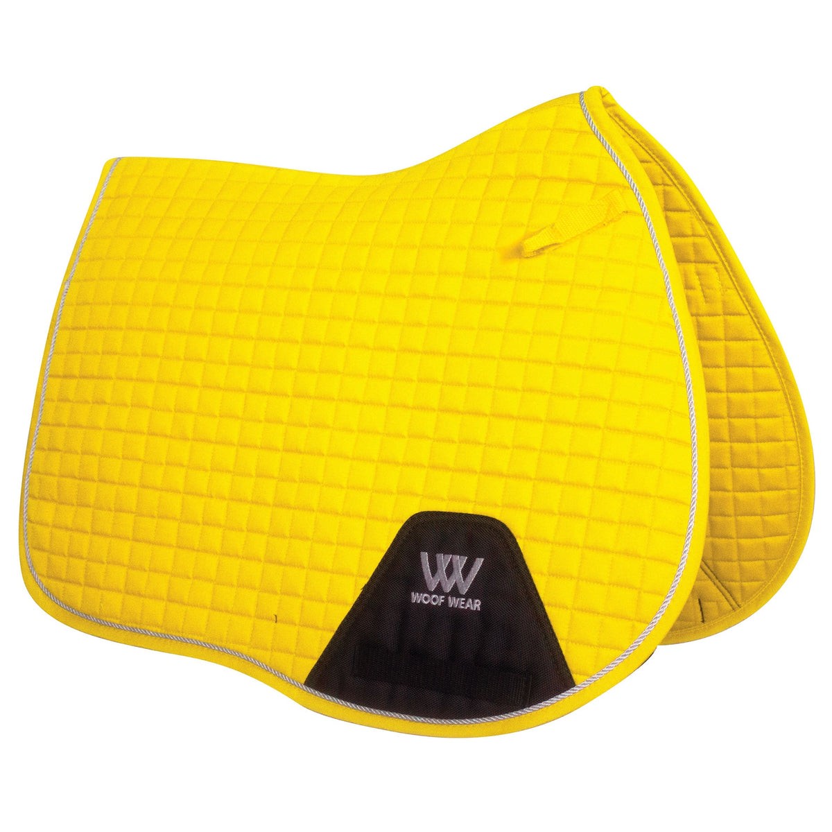 A yellow quilted saddle pad with silver binding, featuring girth straps, and the Woof Wear logo.