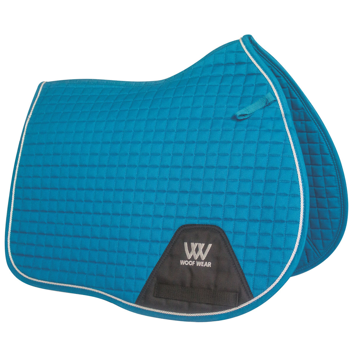 A quilted saddle pad with silver binding, featuring girth straps, and the Woof Wear logo.