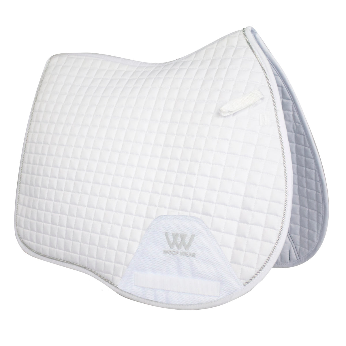 A white quilted saddle pad with silver binding, featuring girth straps, and the Woof Wear logo.