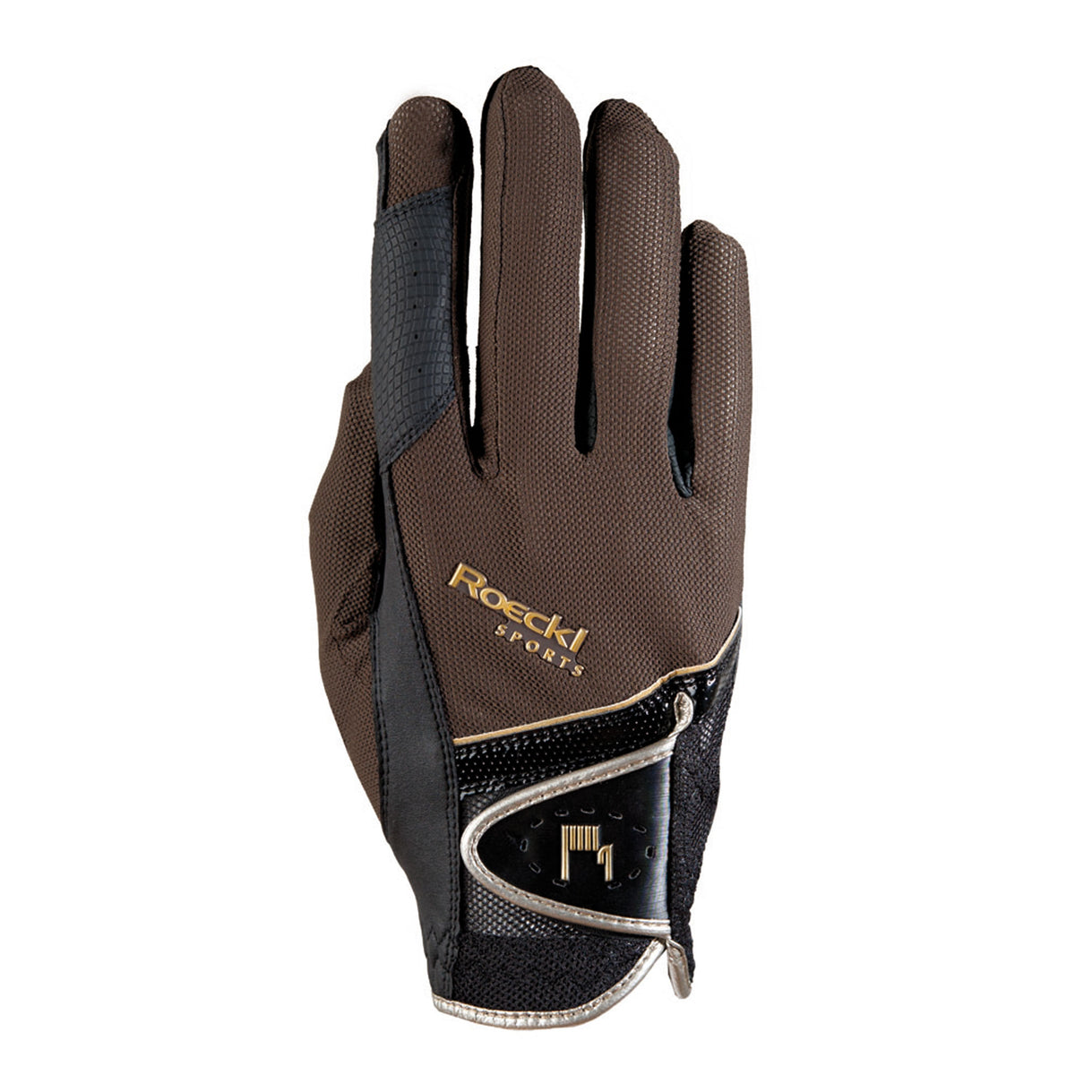 A Roeckl Madrid glove featuring a brown and gold color scheme with the brand&