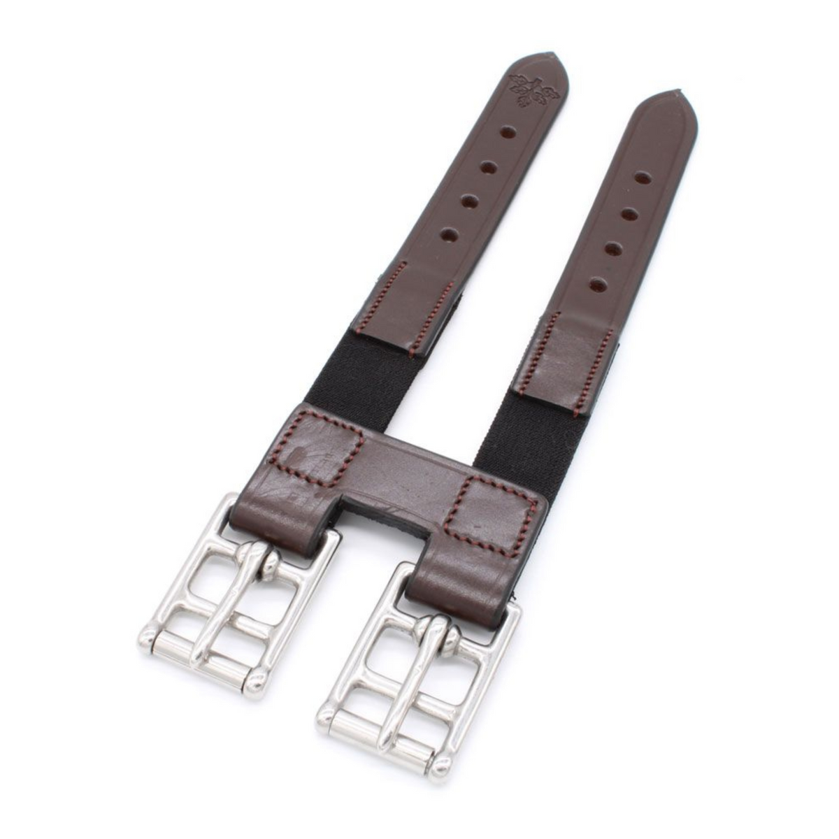 A Black Oak girth extender with stainless steel roller buckles and adjustment holes, primarily brown in color.