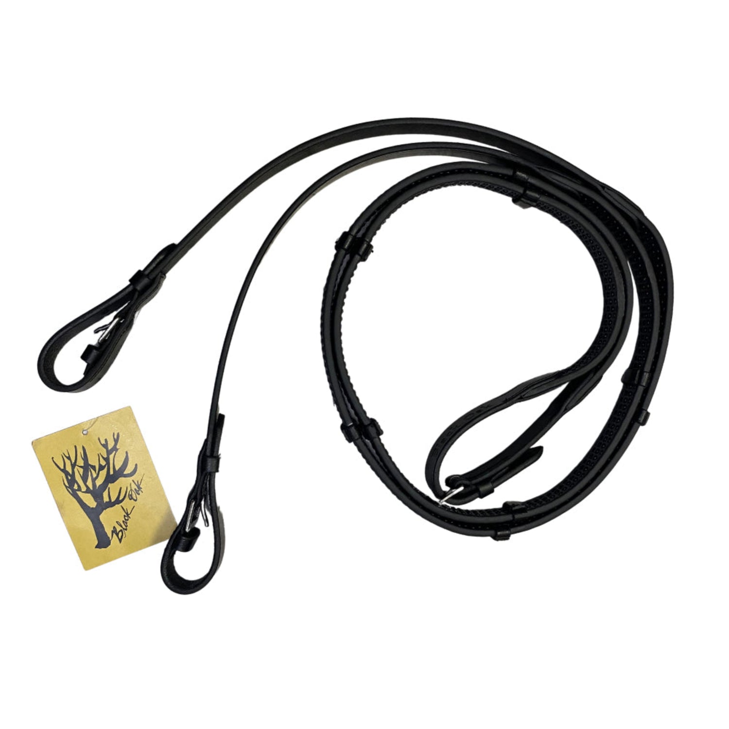 A black rubber pebble grip rein with buckle ends and stops, displayed against a white background with a tree logo in the corner.