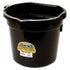 A black plastic bucket with a metal handle and a product label on the side.