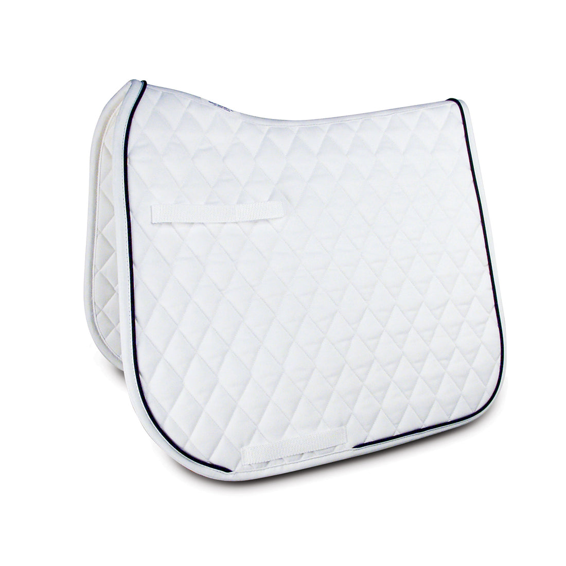 A white with black trim dressage pad.