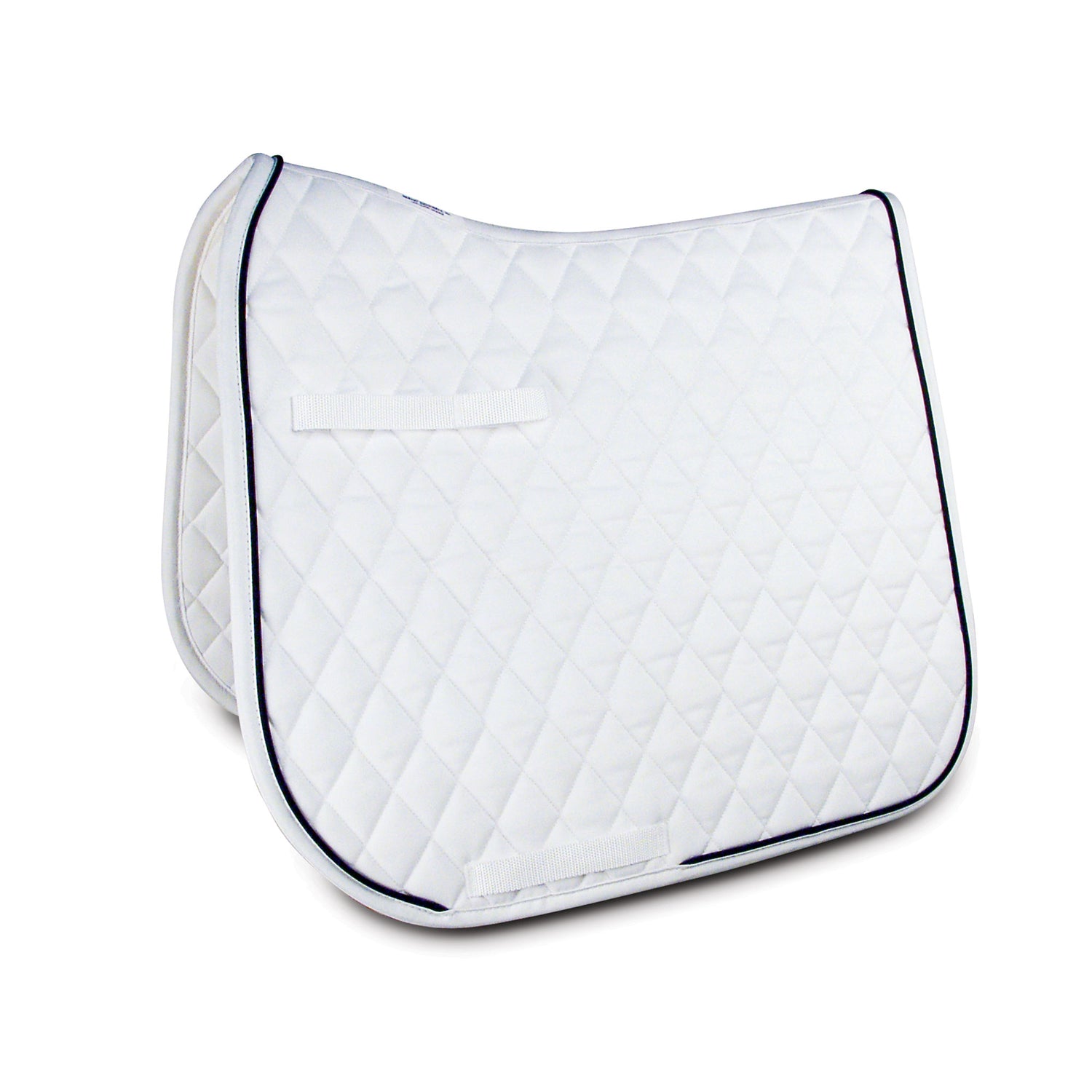 A white with black trim dressage pad.