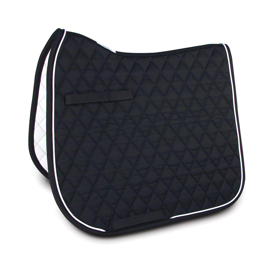 A black with white trim dressage pad.