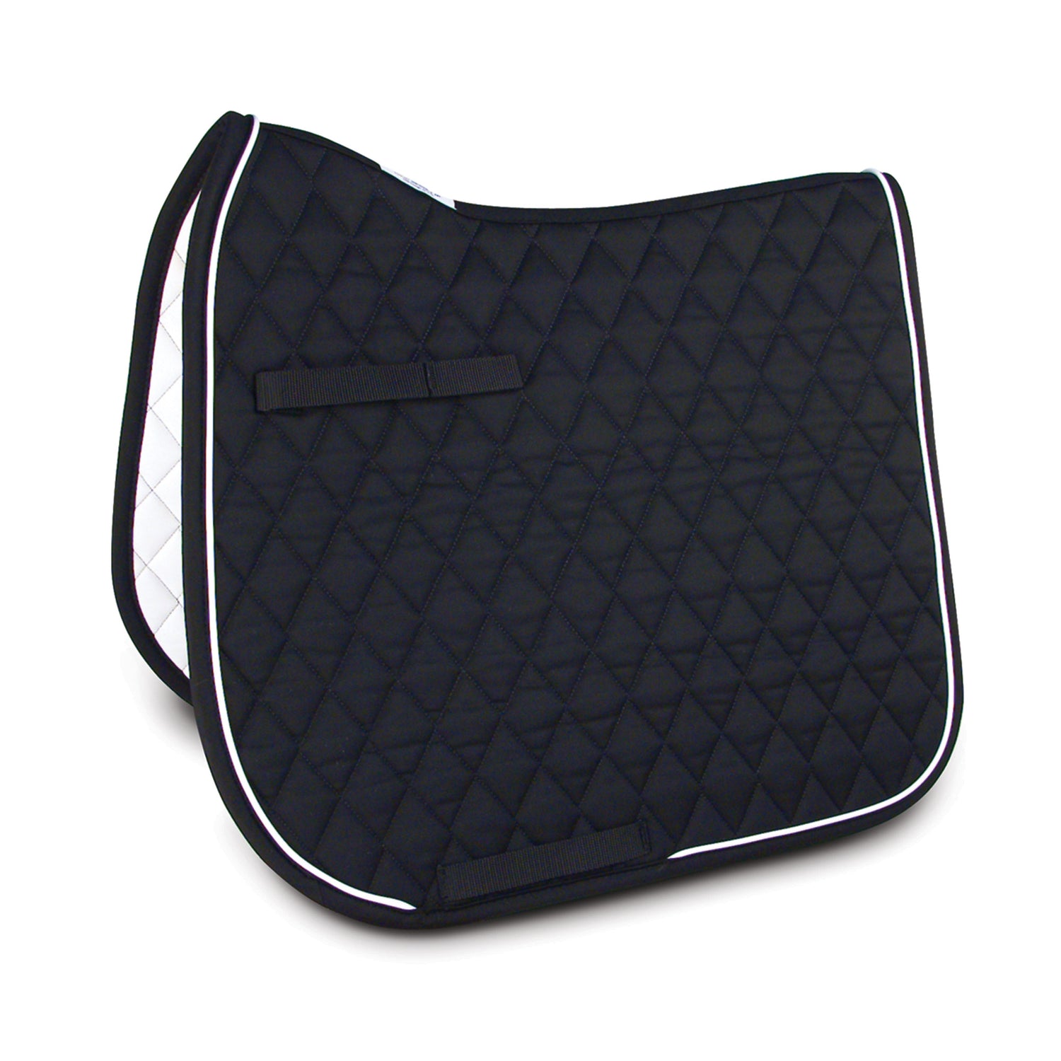 A black with white trim dressage pad.
