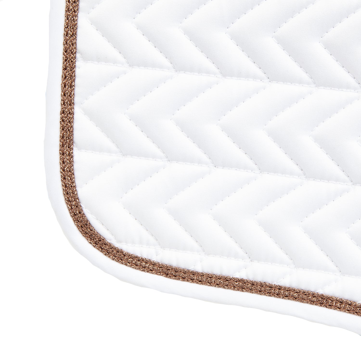 Gold glitter detail on edge of white dressage saddle pad.
