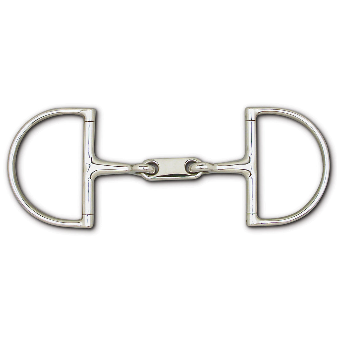 A stainless steel horse bit with D-shaped cheekpieces and a central link joint.
