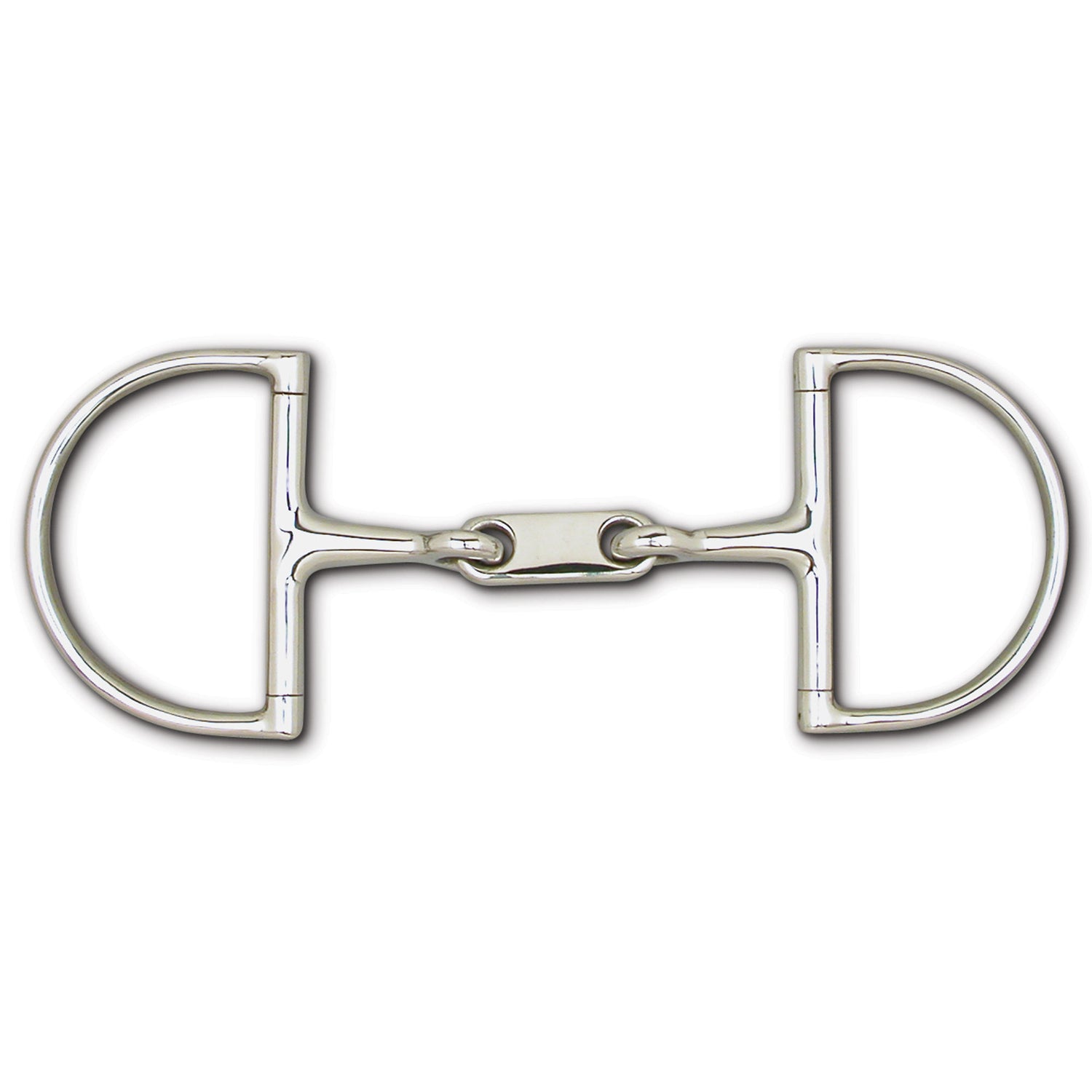 A stainless steel horse bit with D-shaped cheekpieces and a central link joint.