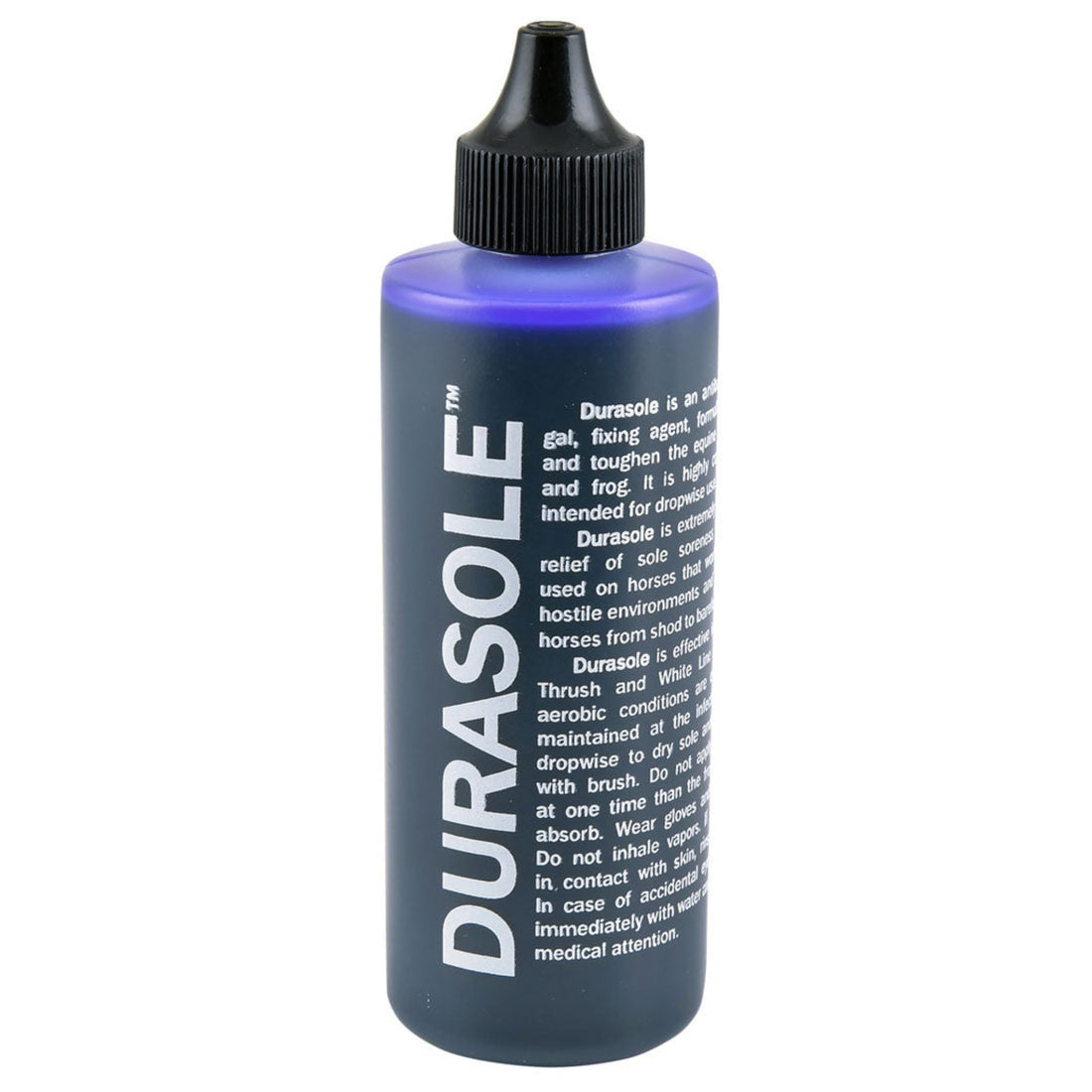 A blue bottle with a black cap labeled &