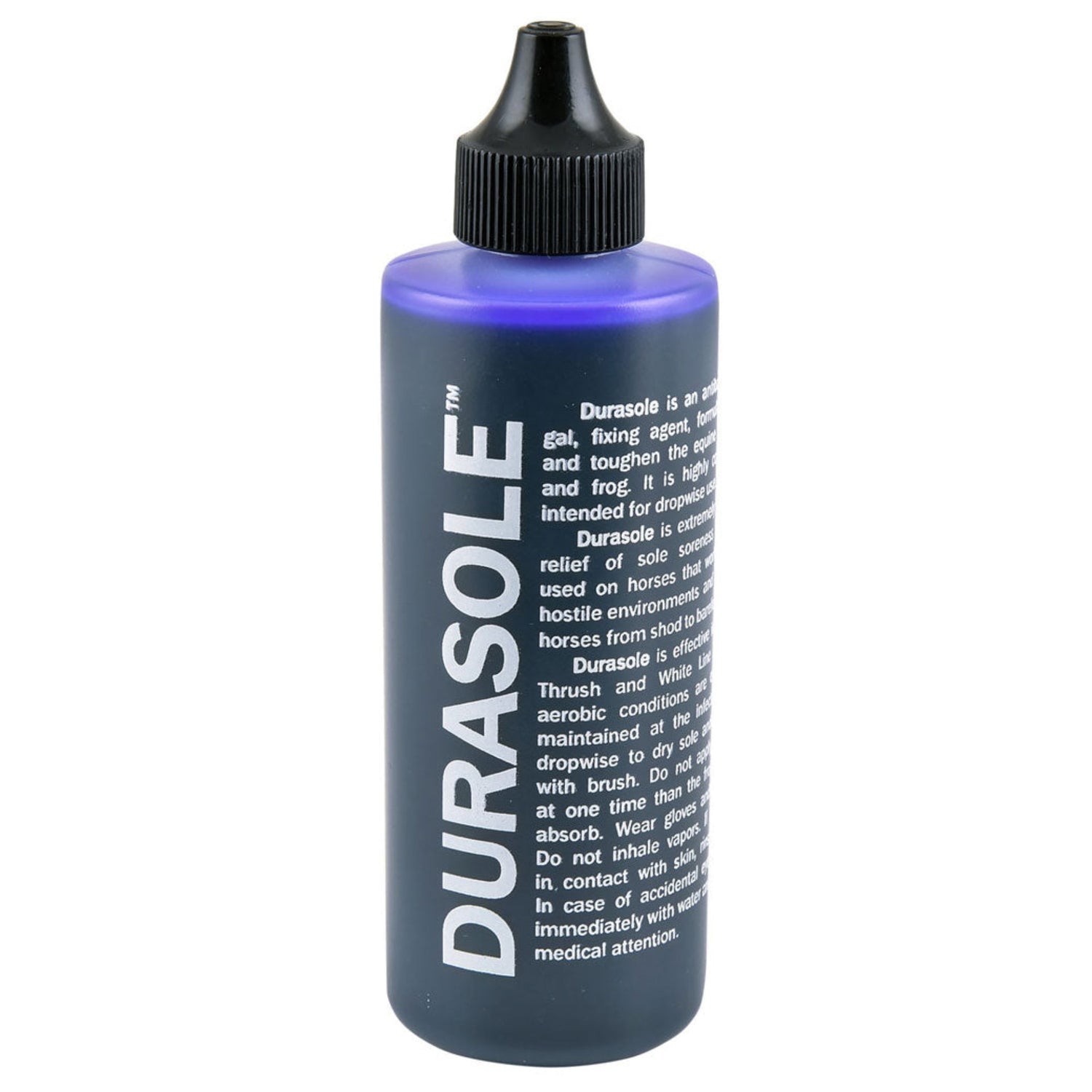 A blue bottle with a black cap labeled &