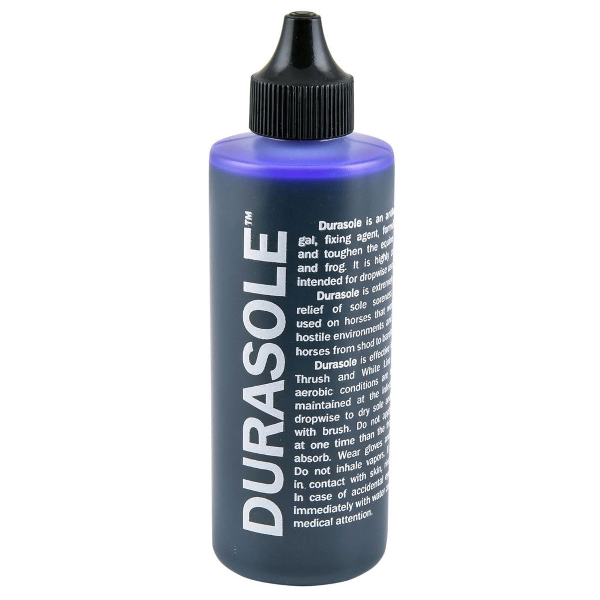 A blue bottle with a black cap labeled &