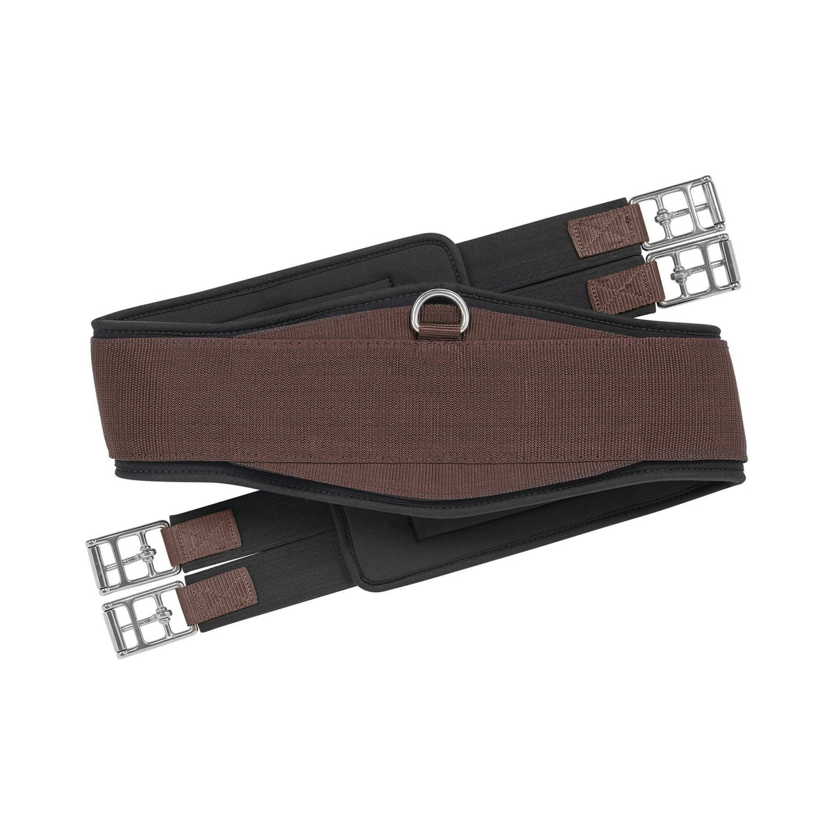 A brown EquiFit Essential Schooling Girth with a SmartFabric Liner, attached to a saddle on a white horse.