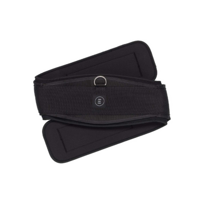 A black Equifit Essential Dressage Schooling Girth with SmartFabric Liner, featuring stainless steel roller buckles and a D-ring.