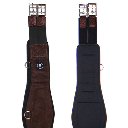 A brown EquiFit Essential Schooling Girth with a SmartFabric Liner, attached to a saddle on a white horse.