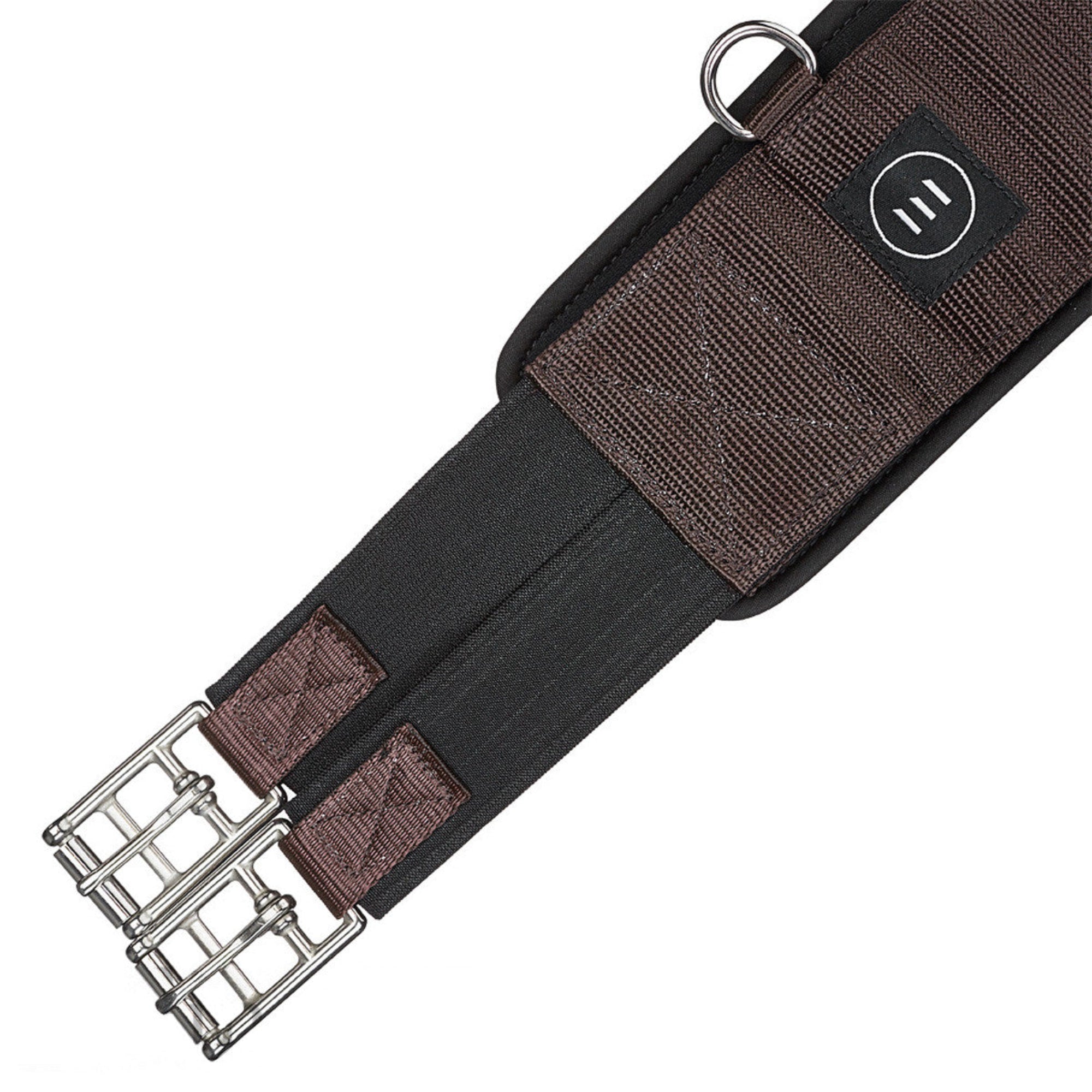 A brown EquiFit Essential Schooling Girth with a SmartFabric Liner.