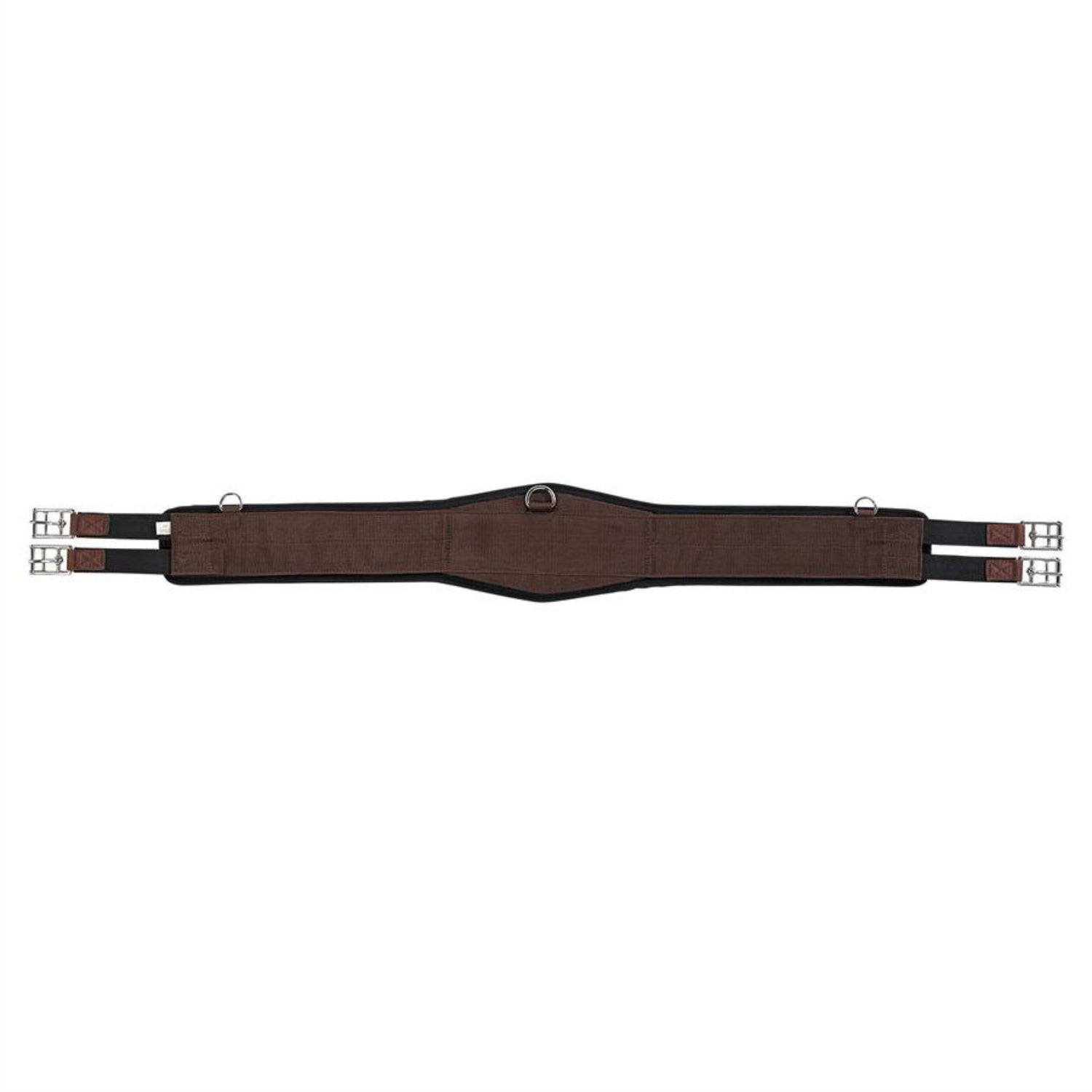 A brown EquiFit Essential Schooling Girth with a SmartFabric Liner, attached to a saddle on a white horse.