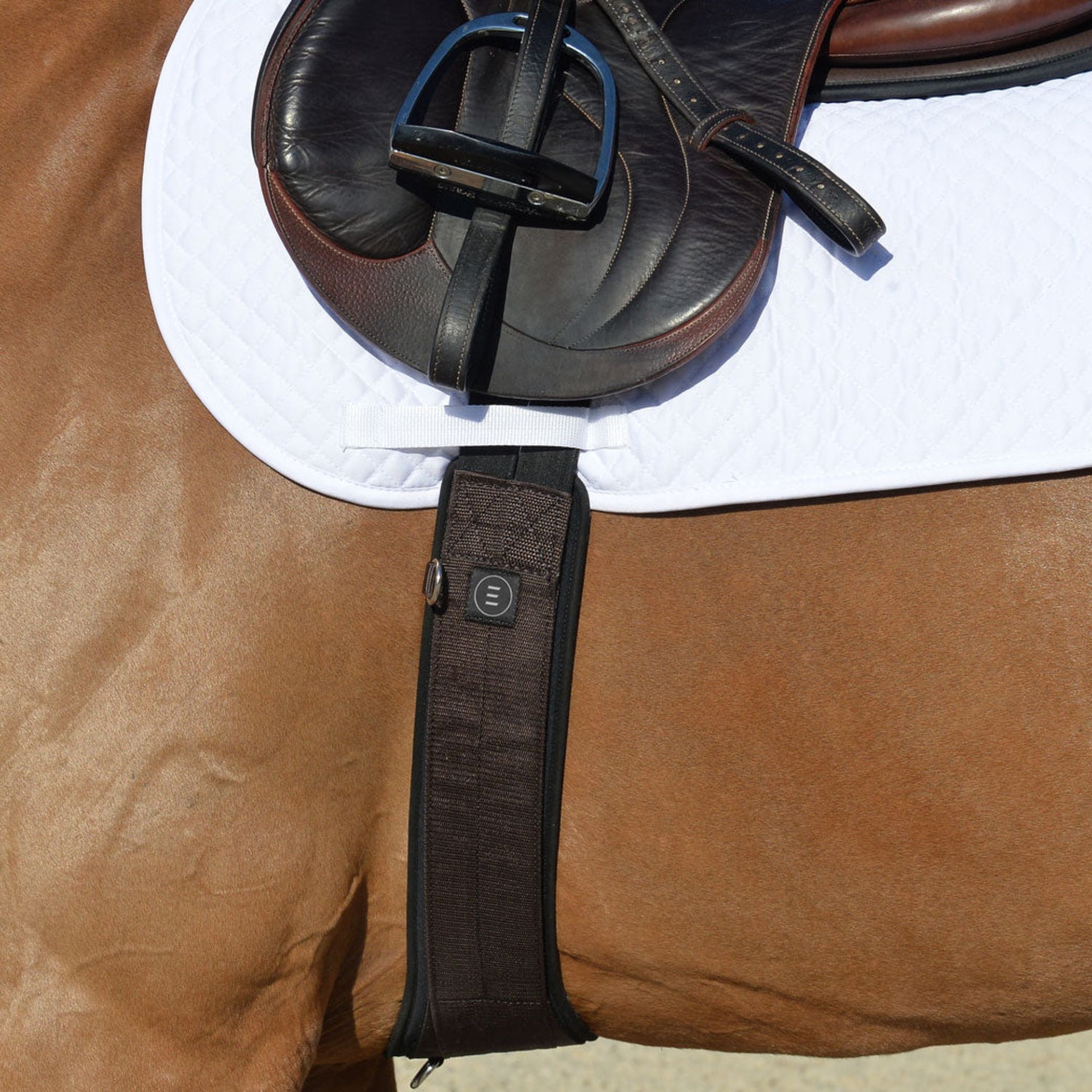 A brown EquiFit Essential Schooling Girth with a SmartFabric Liner, attached to a saddle on a white horse.