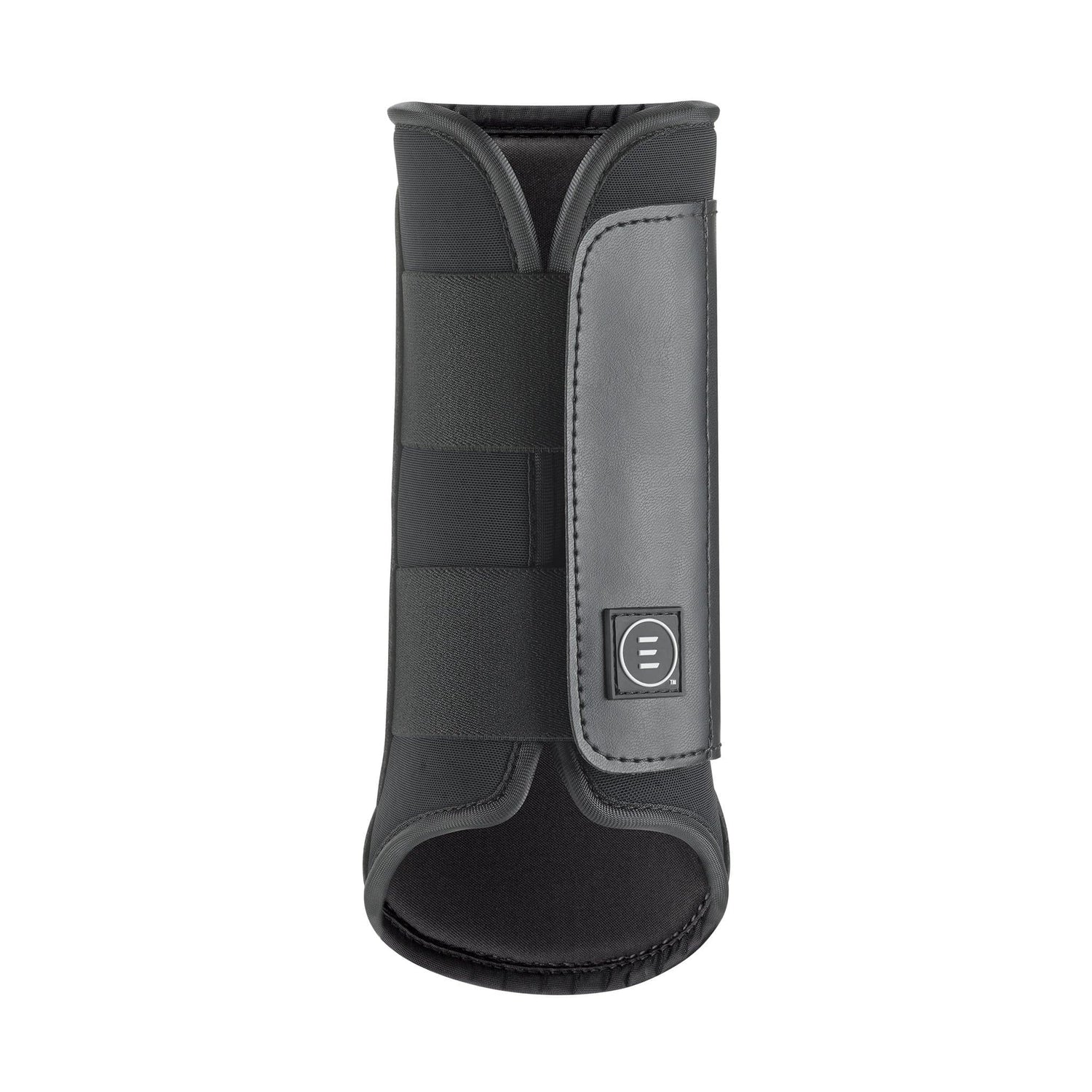 A black EquiFit Essential EveryDay Front Boot for horses, featuring durable leather outer, breathable foam liner, and two wide elastic straps.