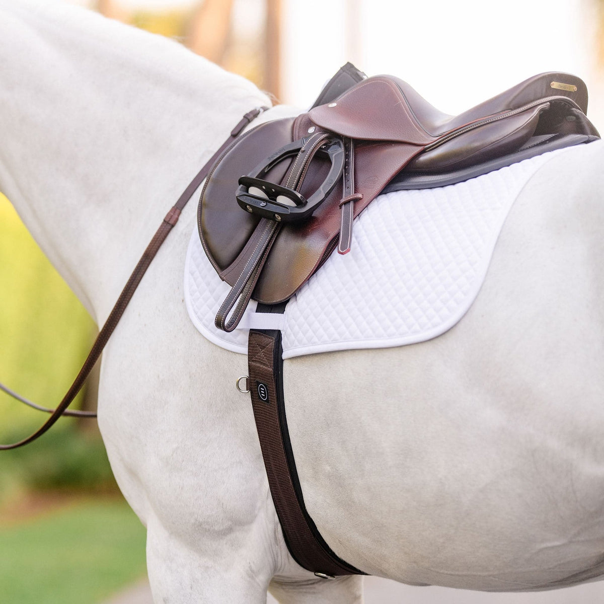 A brown EquiFit Essential Schooling Girth with a SmartFabric Liner, attached to a saddle on a white horse.