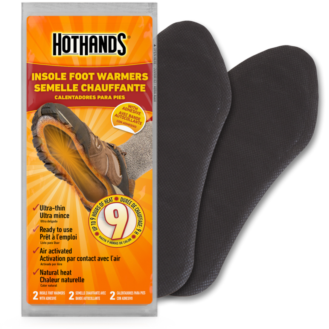 A package of HotHands Insole Foot Warmers showing the product and its features.