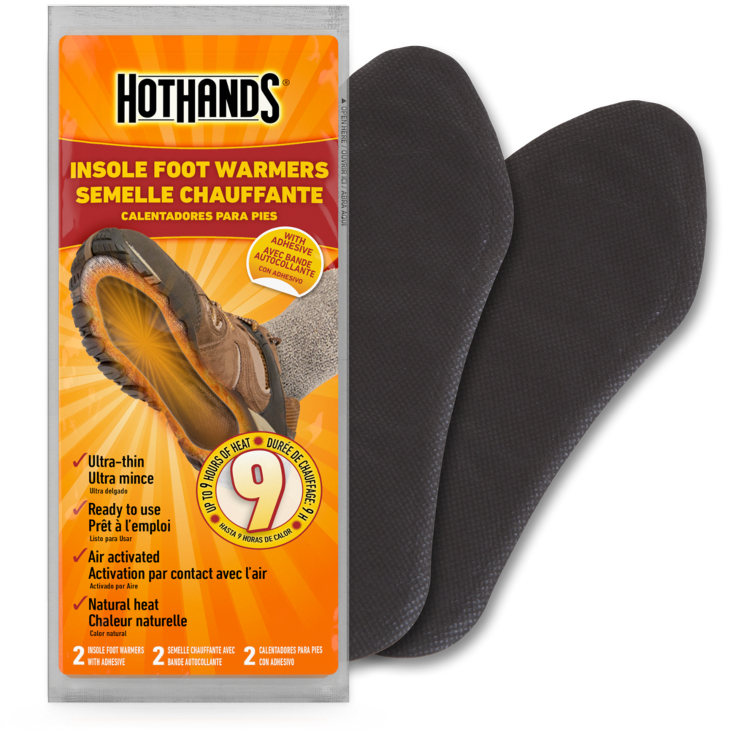 A package of HotHands Insole Foot Warmers showing the product and its features.