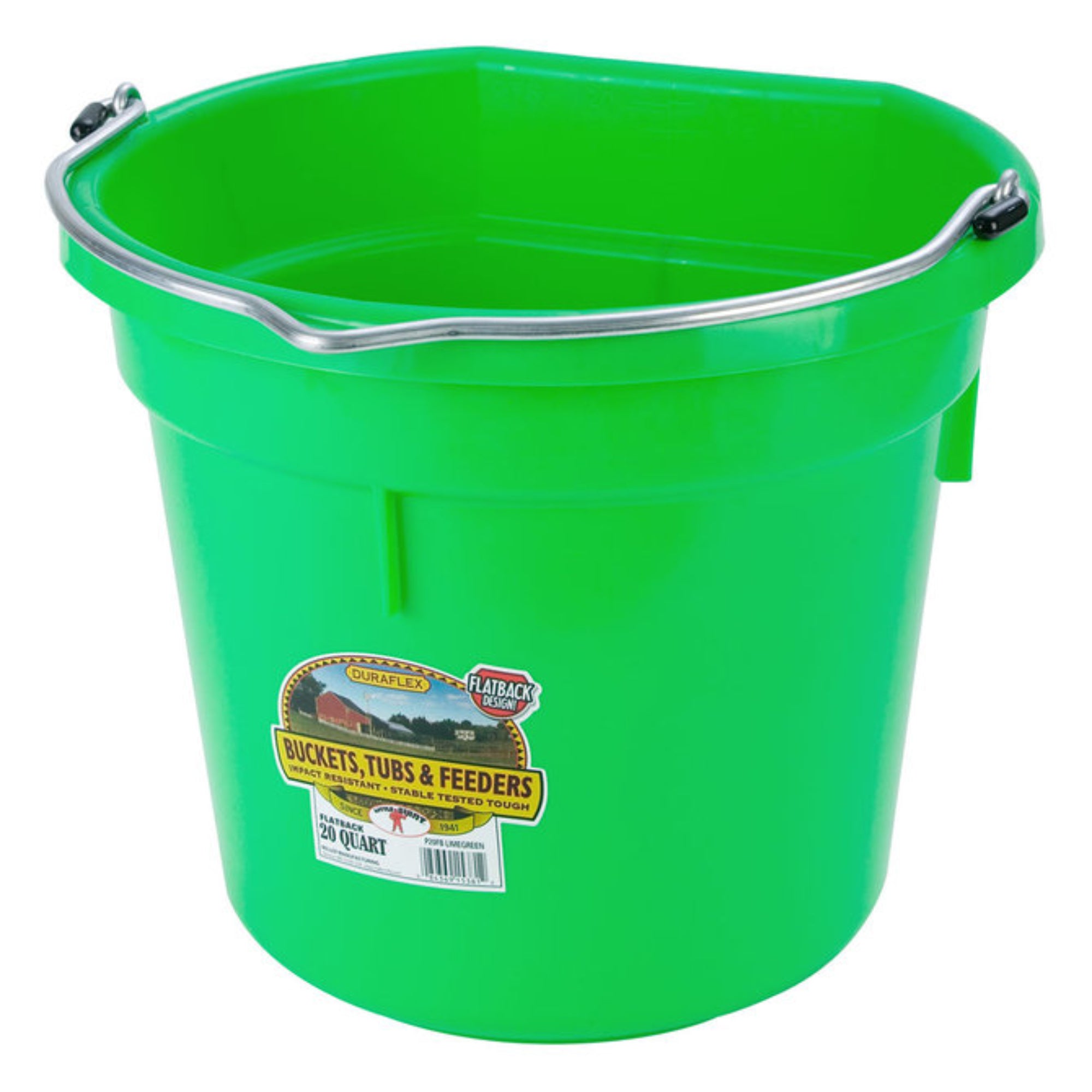 Green flatback bucket with a label on a white background.