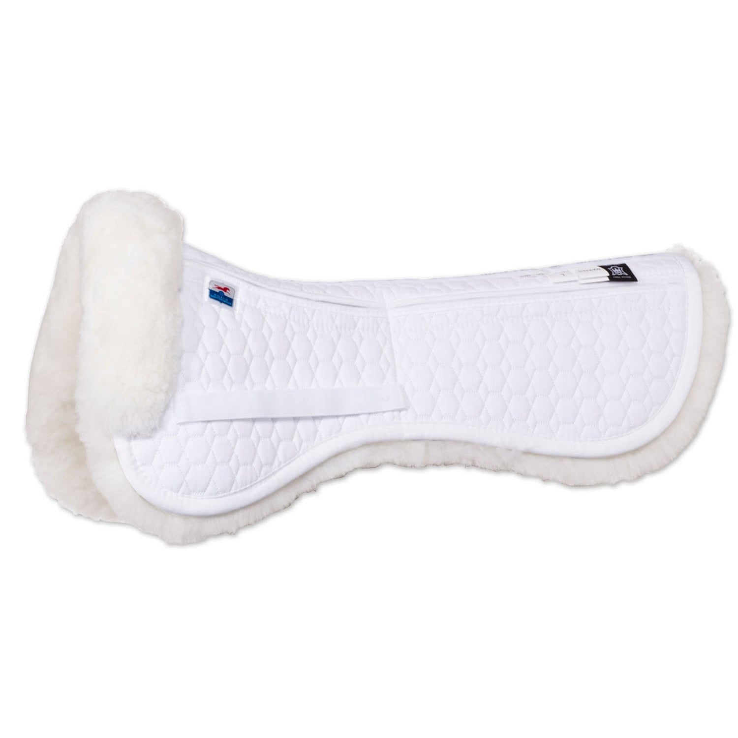 A white Mattes Dressage Correction Half Pad with pockets, featuring signature stitching design and covered with a heavy duty outer cotton quilt.