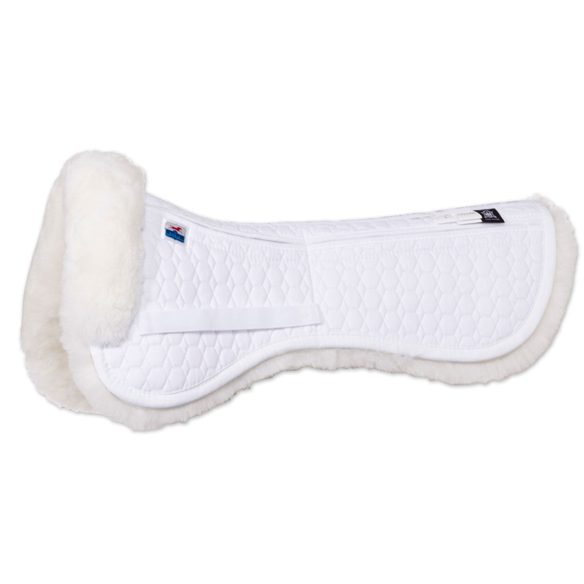 A white Mattes Dressage Correction Half Pad with pockets, featuring signature stitching design and covered with a heavy duty outer cotton quilt.