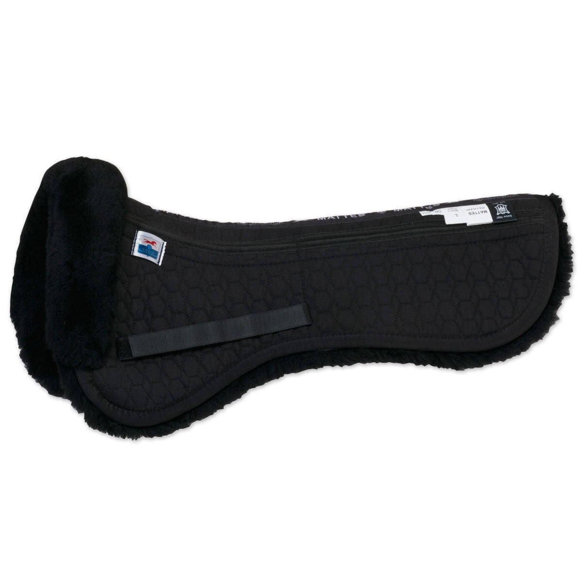 A white Mattes Dressage Correction Half Pad with pockets, featuring signature stitching design and covered with a heavy duty outer cotton quilt.