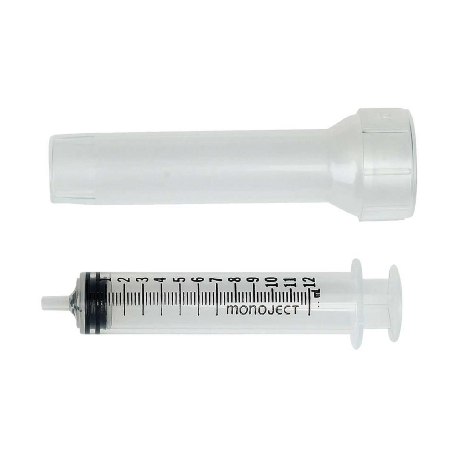 A 12cc Plastic Medical syringe with measurement markings on a white background