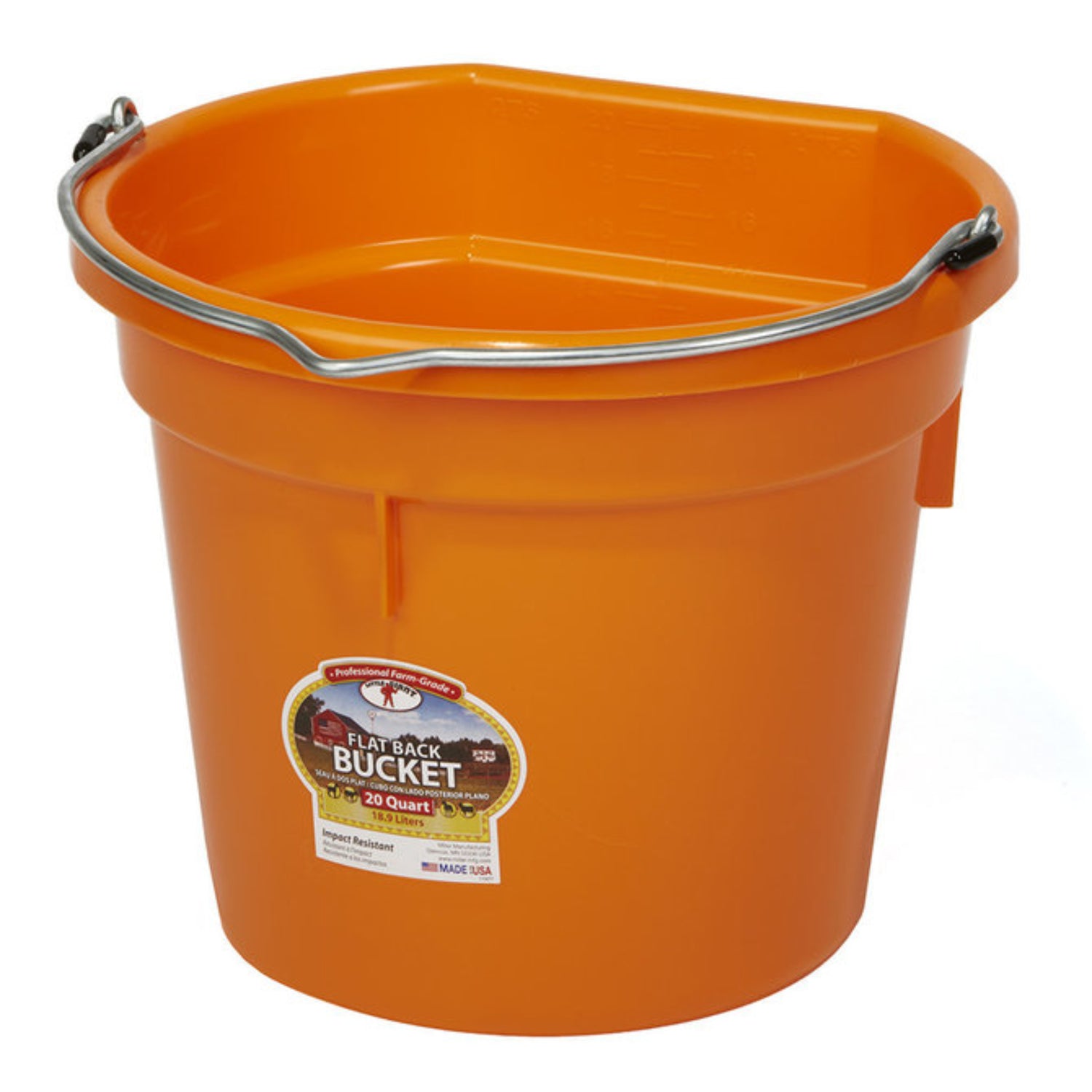 An orange plastic bucket with a metal handle and a product label on the side.