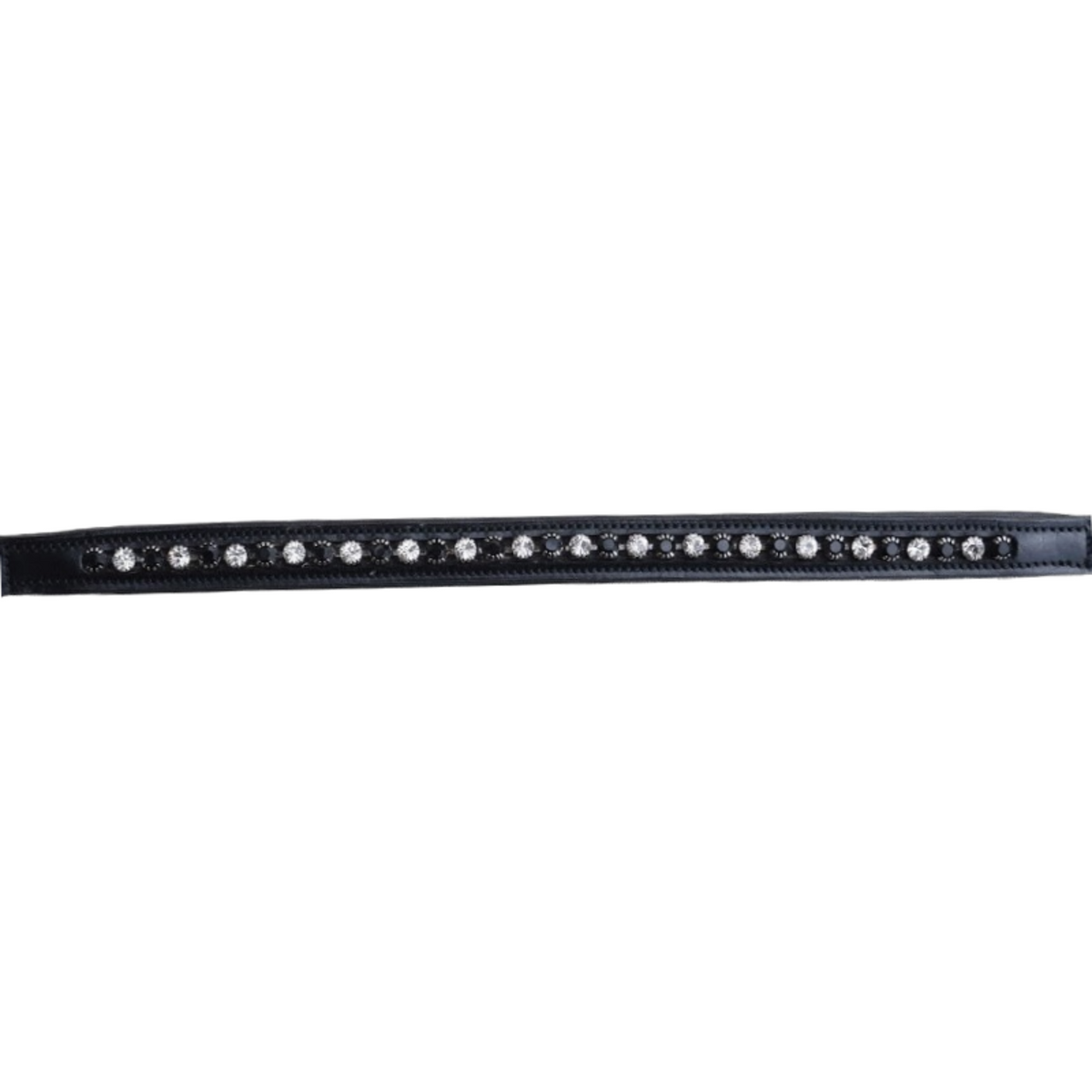 A closeup of the Red Barn KL Select Cadence Browband with black and white sparkling gemstones.