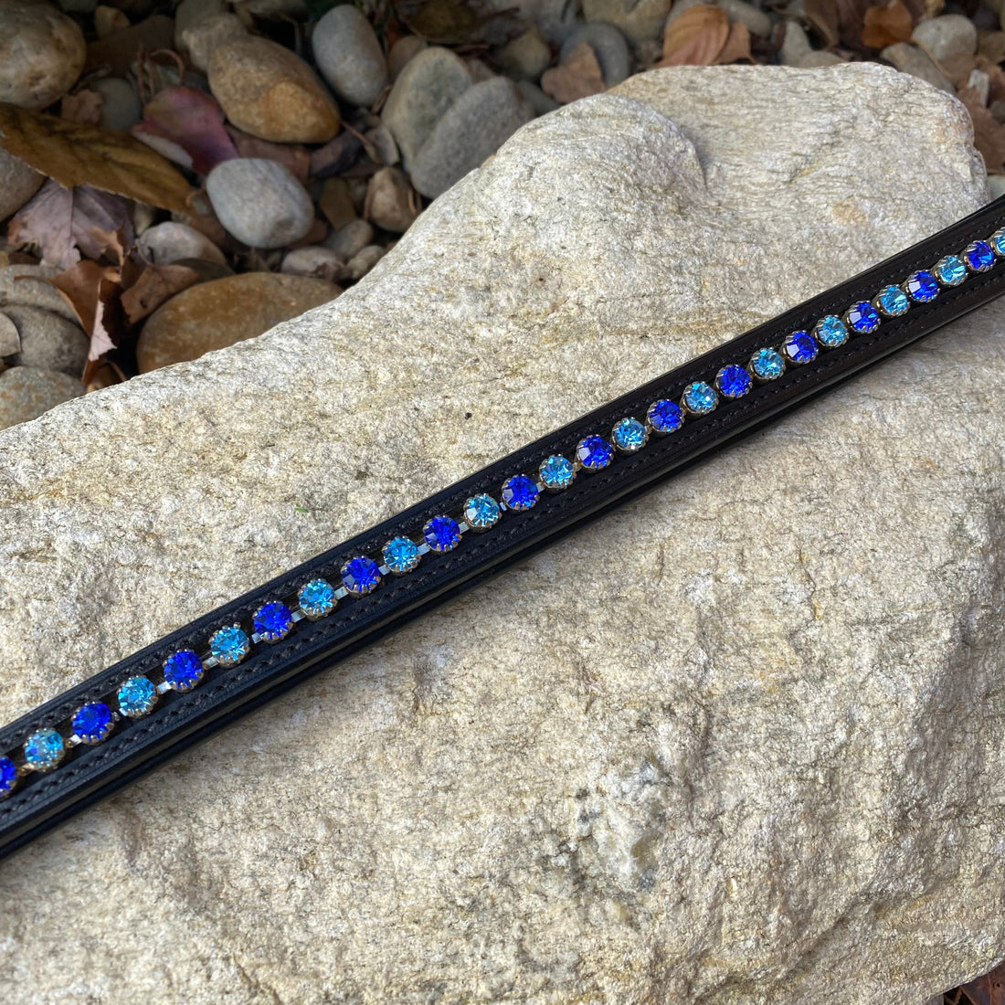 A close up of the Red Barn True Blue crystal browband.
