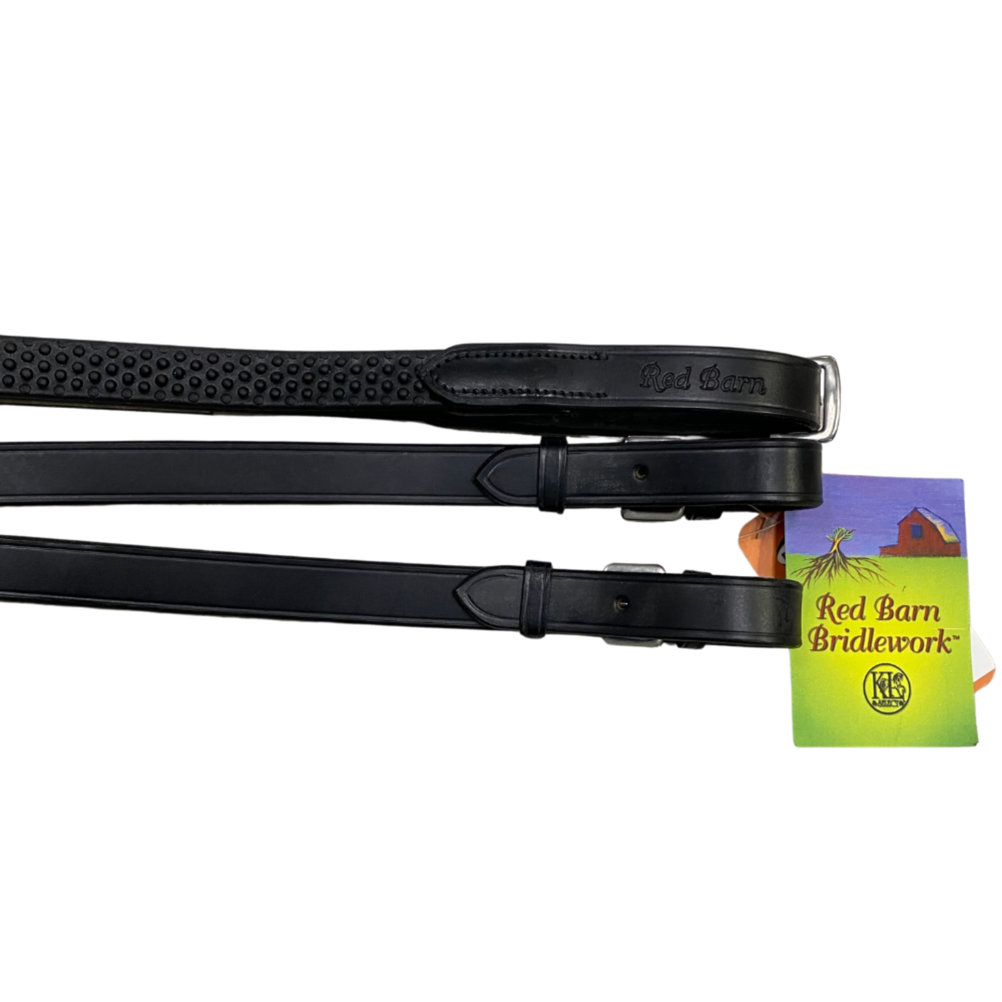A pair of black Red Barn pebble grip reins with stainless steel buckle ends.