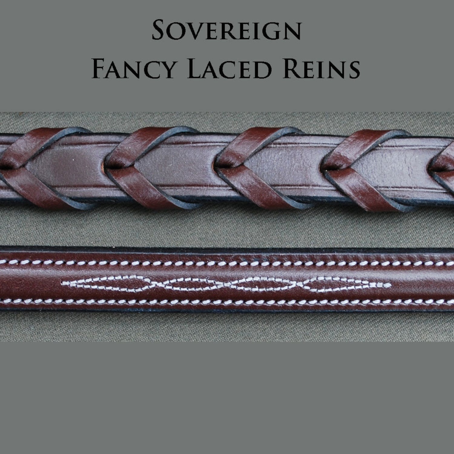 A close up view of the fancy stitched and laced reins that match the KL Select Sovereign bridles.