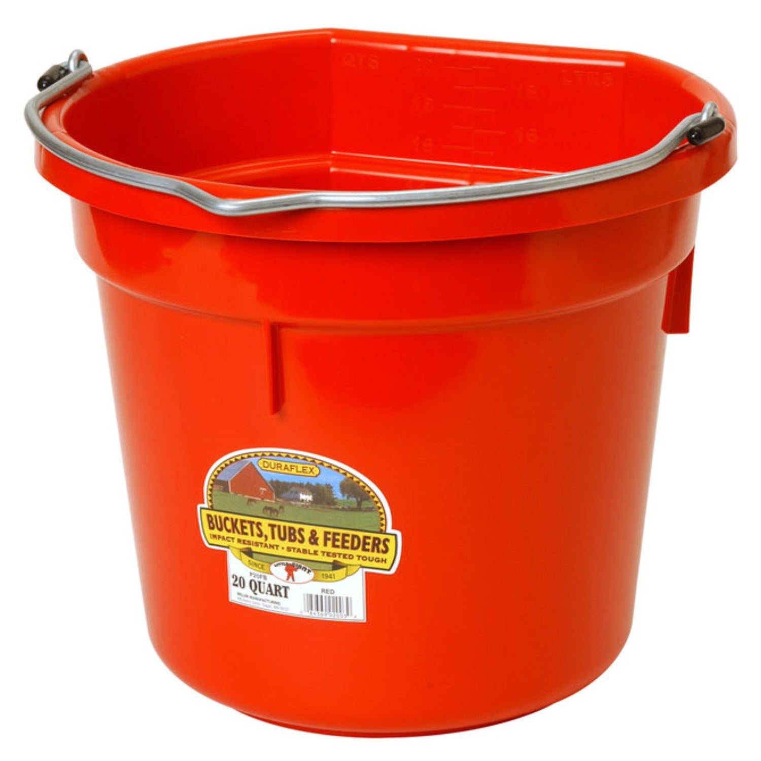 A red plastic bucket with a metal handle and a product label on the side.