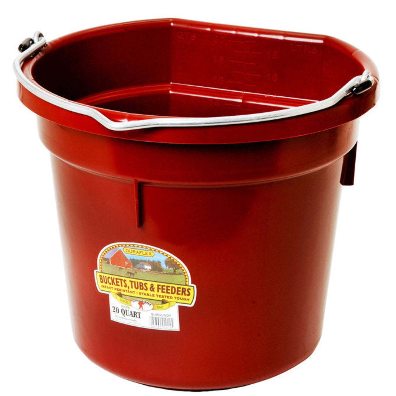 A red plastic bucket with a metal handle and a product label on the side.