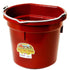 A red plastic bucket with a metal handle and a product label on the side.