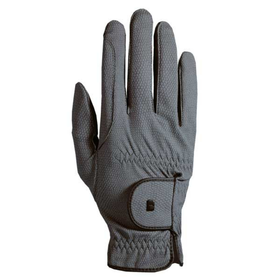 A pebble grey Roeckl Roeck-Grip glove featuring elasticated cuffs and a small brand logo on the back.