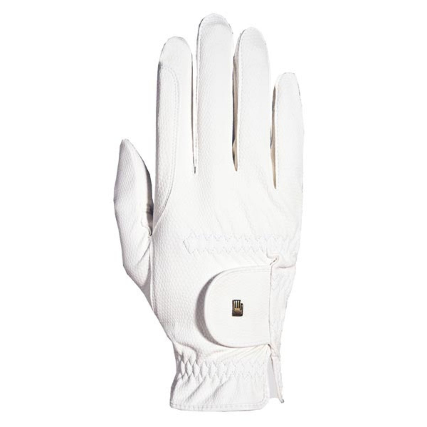 A white Roeckl Roeck-Grip glove featuring elasticated cuffs and a small brand logo on the back.
