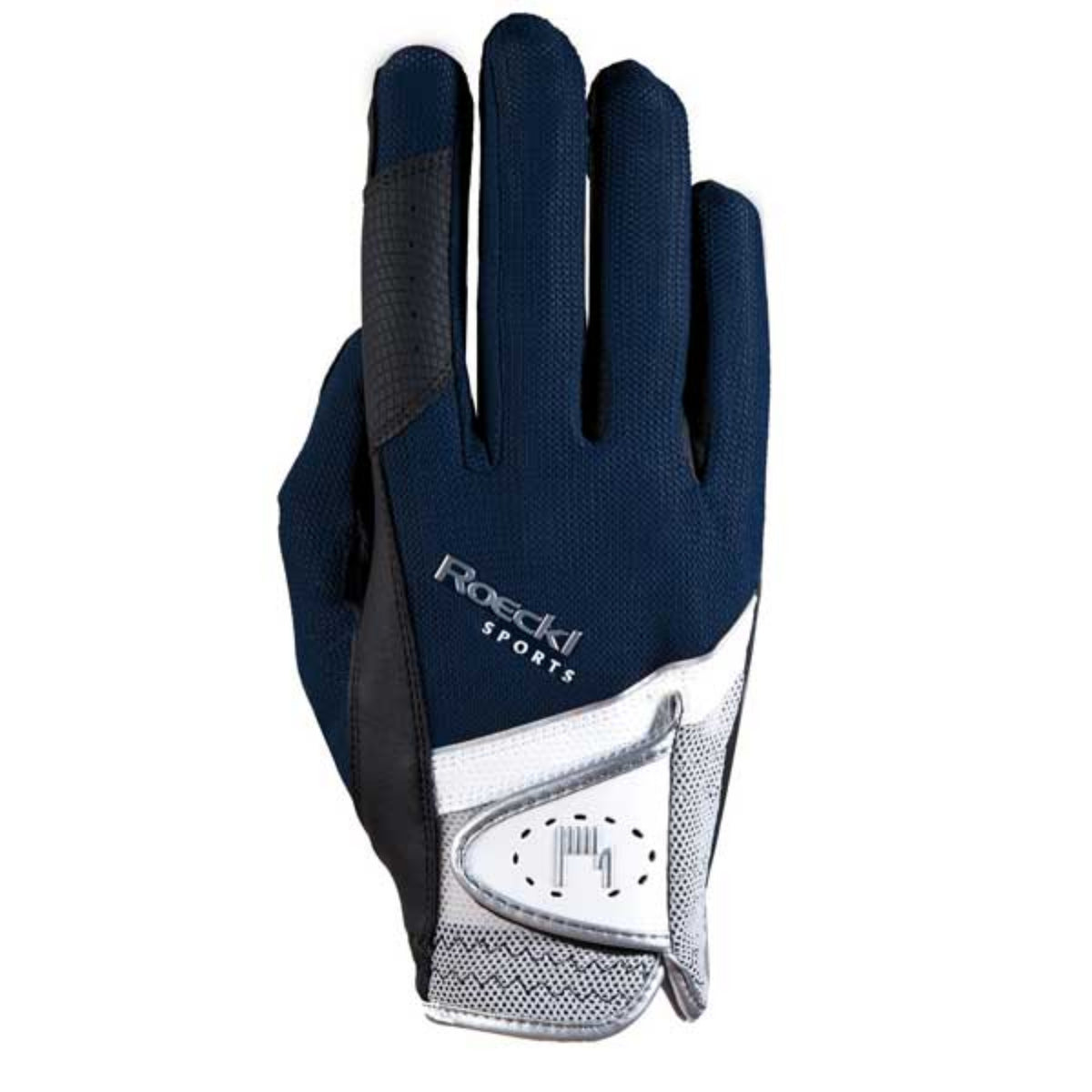 A Roeckl Madrid glove featuring a navy and white color scheme with the brand&