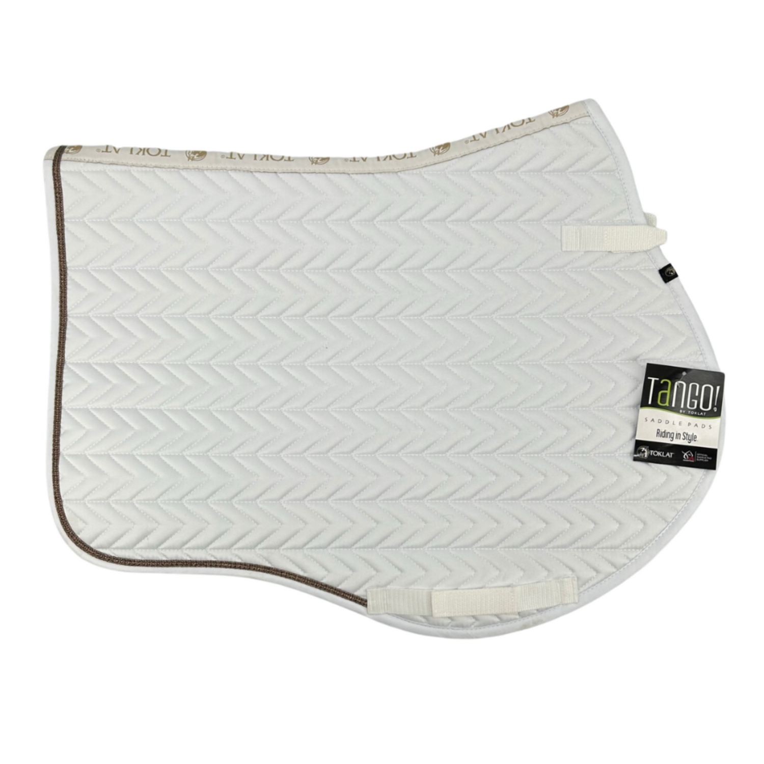 A white close contact tango chevron saddle pad. A thin strip of gold glitter finishes the saddle pad trim.