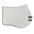A white close contact tango chevron saddle pad. A thin strip of gold glitter finishes the saddle pad trim.