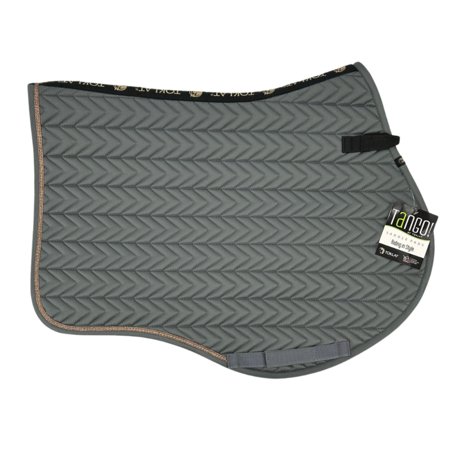 A grey close contact saddle pad with chevron detailing and gold glitter trim.