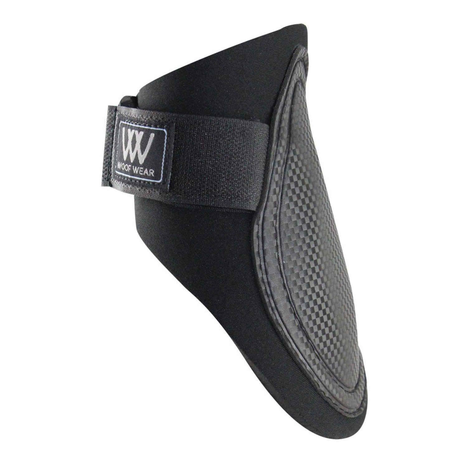 A single black Woof Wear Sport Fetlock Boot with a neoprene texture, velcro closure and a label showing the brand name.