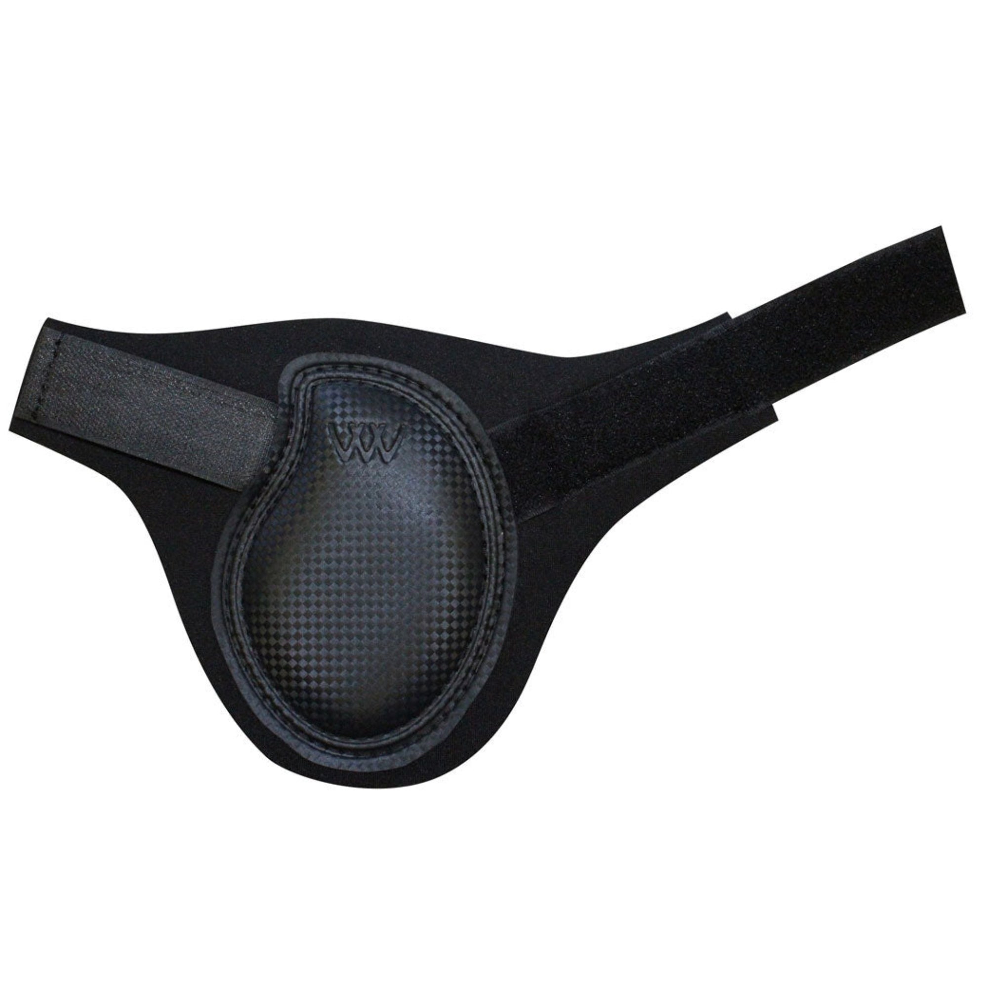 A single black Woof Wear Sport Fetlock Boot with a neoprene texture, velcro closure and a label showing the brand name.