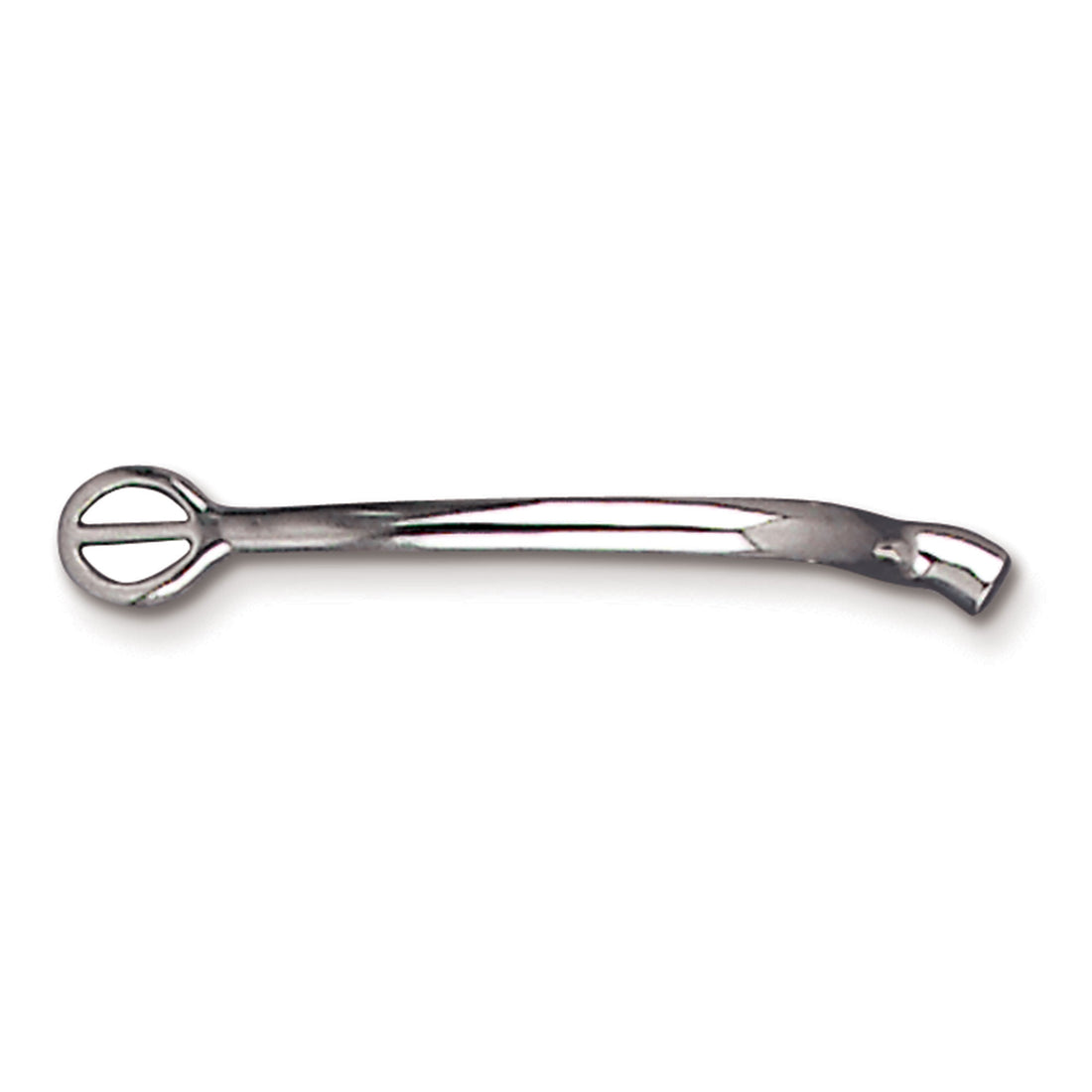 A silver-colored metal spur designed for young riders, with a small spur end.